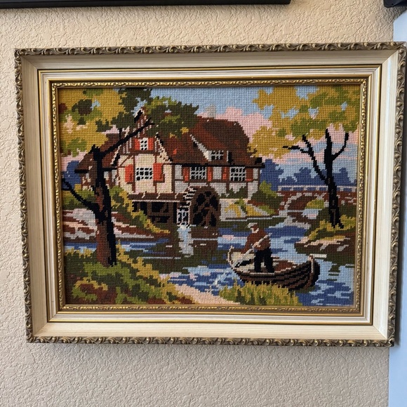 Framed Needlepoint Art Scenic Landscape River Man with Boat Waterwheel Handmade - Picture 2 of 7